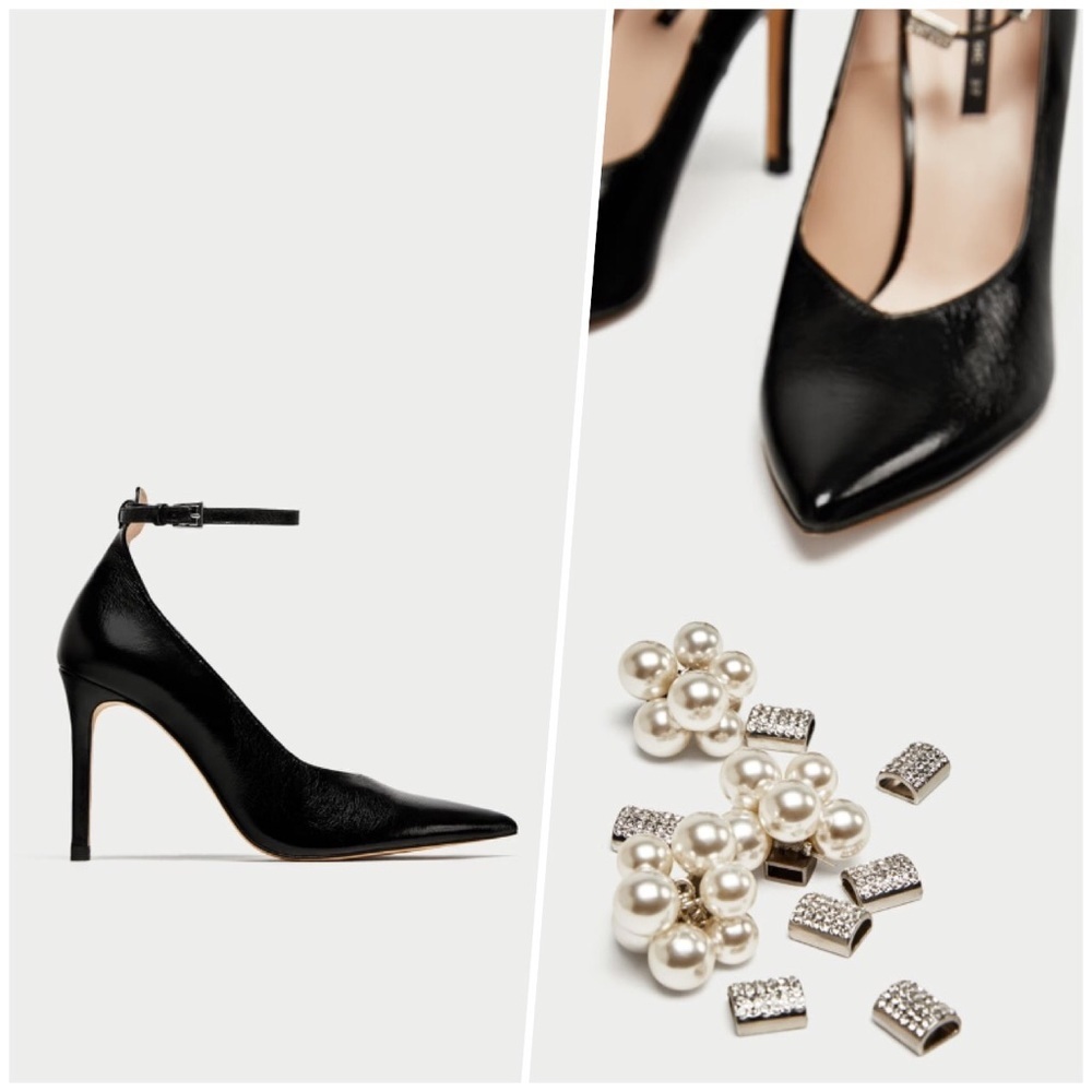 💎 ZARA Black Leather Court Shoes Beaded Ankle Strap Heels - Picture 2 of 13
